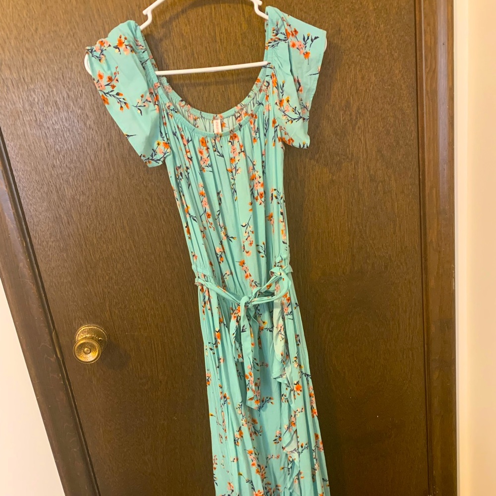 Off the shoulder high low dress.